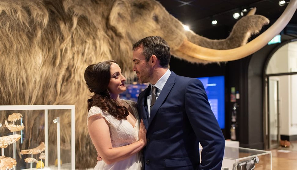 Photograph showing a bride and groom in the Mammoth Gallery at The Box