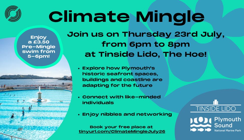 Climate Mingle event poster with a turquoise background and abstract blue shapes. Large text invites people to join a Climate Mingle on Thursday 23 Ju