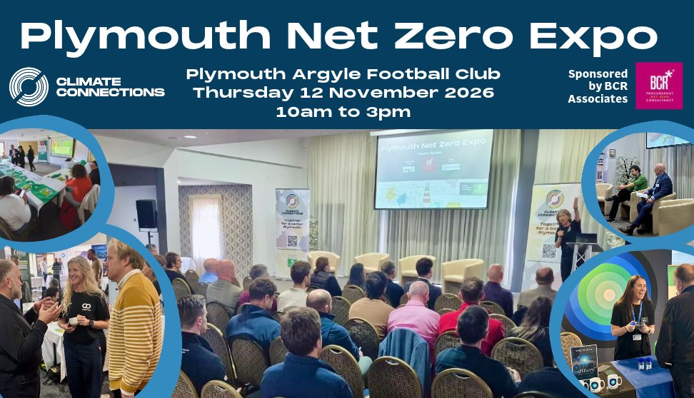 Banner promoting the Plymouth Net Zero Expo at Plymouth Argyle Football Club on 12 November 2026. Photos show conference presentations, exhibitors and