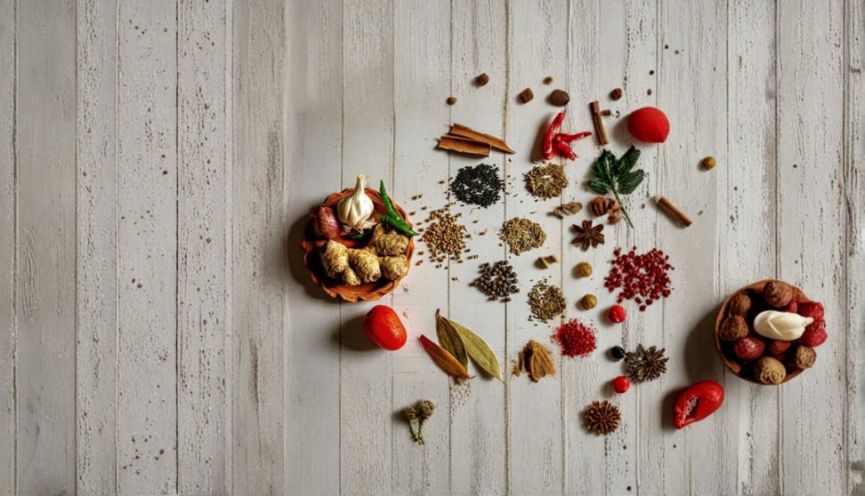 A collection of garlic, chilli, ginger and loose spices across a table