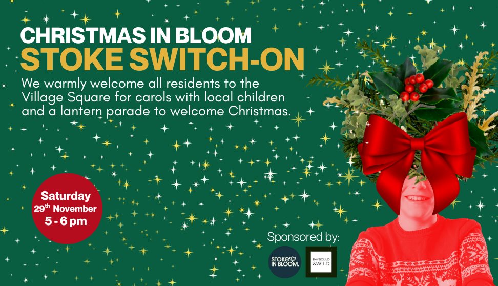 A dark green background with Stoke in Bloom's classic design of adding floral images over a person. This time a child in a red christmas jumper with s