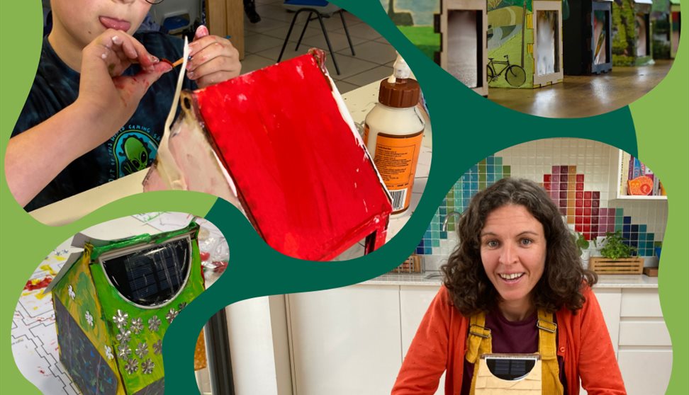 "Collage-style graphic promoting a 'Solar House Workshop' by Climate Connections and the Young Climate Ambassadors. The images show children's hands p