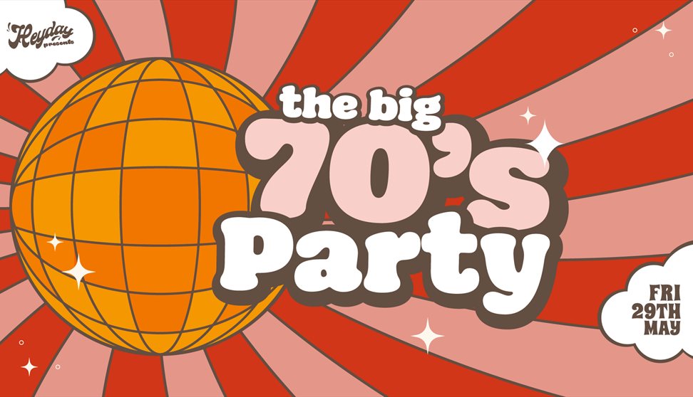 Artwork, the Big 70's party with bubble texted and disco ball