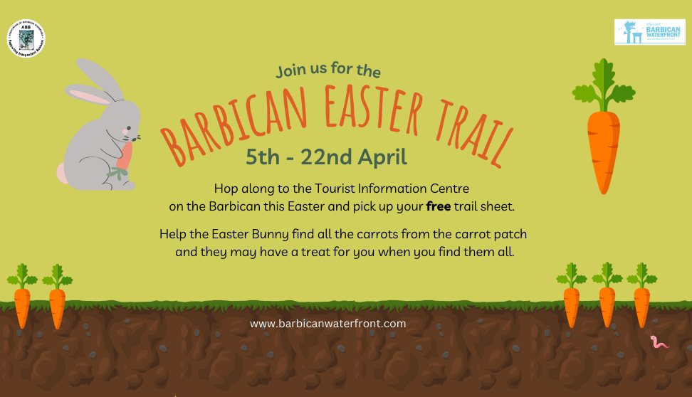 EGGStraordinary Barbican Easter Trail on the barbican. A cartoon chick in the grass with a bee floating above it.