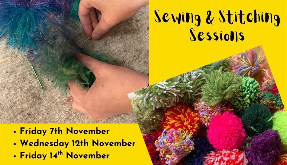 hands sewing pompoms on to a wool fleece backing and colourful woolly pompoms