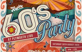 Funky artwork of a 60's event at plymouth lido. The how in the background and pool at the bottom.