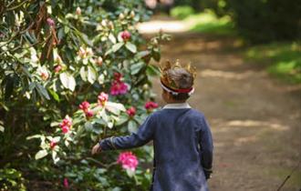 A child in a crown walking through a garden