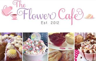 Four pictures showing a large sliced cake, a Unicorn hot chocolate, scones with clotted cream and jam and also a hot chocolate with marshmallows.