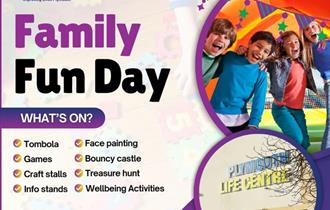 A colourful promotional poster for a "Family Fun Day" event hosted by Improving Lives Plymouth. The design features purple, green, and teal bunting ac