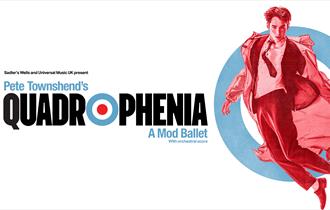 Red white and blue bullseye with image of man jumping in air in red.