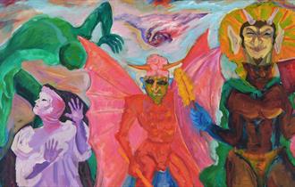 Detail of a brightly coloured painting showing figures dressed in carnival outfits, with other spirit-like figures surrounding them.