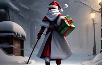 mother christmas walking in the snow with a stick and a present