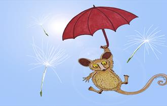 Dormouse flies in the sky with an umbrella.