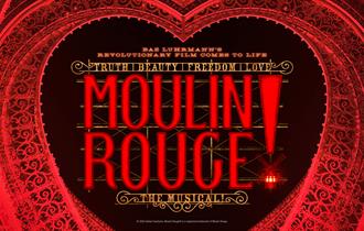 Moulin Rouge title in bright red surrounded by ornate red heart.