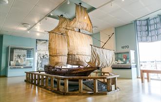 Mayflower replica ship at the Mayflower Museum above the Tourist Information Centre in Plymouth