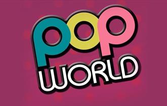 The logo of popworld displayed in bright colours against a bright pink background