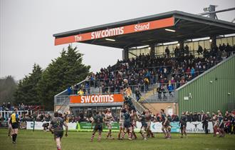 View of Plymouth Albion playing Rugby with spectators watching.