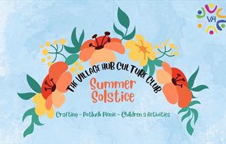 An illustration of a flower crown in yellows and oranges, with the event title summer solstice.