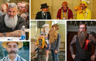 Photos of men with beards and moustaches at a competition