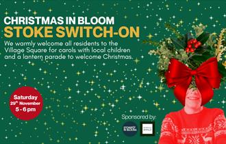 A dark green background with Stoke in Bloom's classic design of adding floral images over a person. This time a child in a red christmas jumper with s