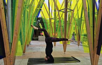 jules doing a headstand on a yoga mat