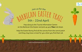 EGGStraordinary Barbican Easter Trail on the barbican. A cartoon chick in the grass with a bee floating above it.