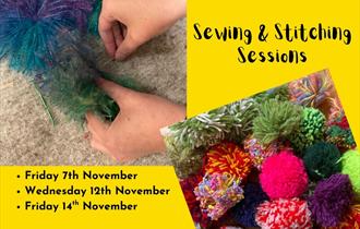 hands sewing pompoms on to a wool fleece backing and colourful woolly pompoms