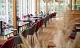 Tables in a line in restaurant space next to a glass wall