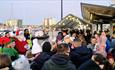 Santa meeting the crowd outside Cap'n Jaspers at Barbican Christmas Lights switch on in Plymouth