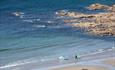 Two surfers in the distance walking across the shore