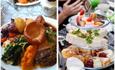 A photo of a Roast Beef dinner complete with Yorkshire pudding and vegetables and a photo of an afternoon tea on a cake stand.