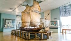 Mayflower replica ship at the Mayflower Museum above the Tourist Information Centre in Plymouth