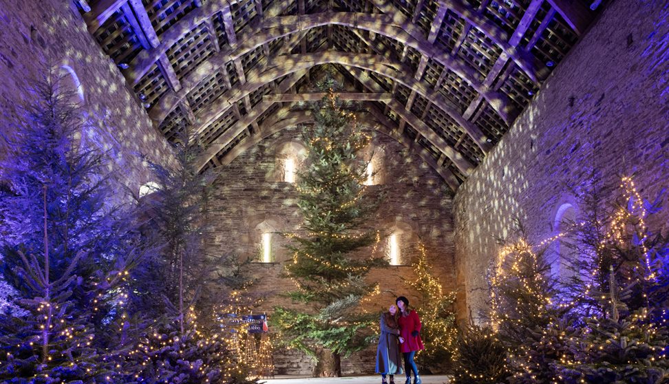Visitors admiring the Christmas decoration in the Medieval Barn at Buckland Abbey, Devon Visitors admiring the Christmas decoration in the Medieval Barn at Buckland Abbey, Devon