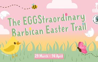 EGGStraordinary Barbican Easter Trail on the barbican. A cartoon chick in the grass with a bee floating above it.