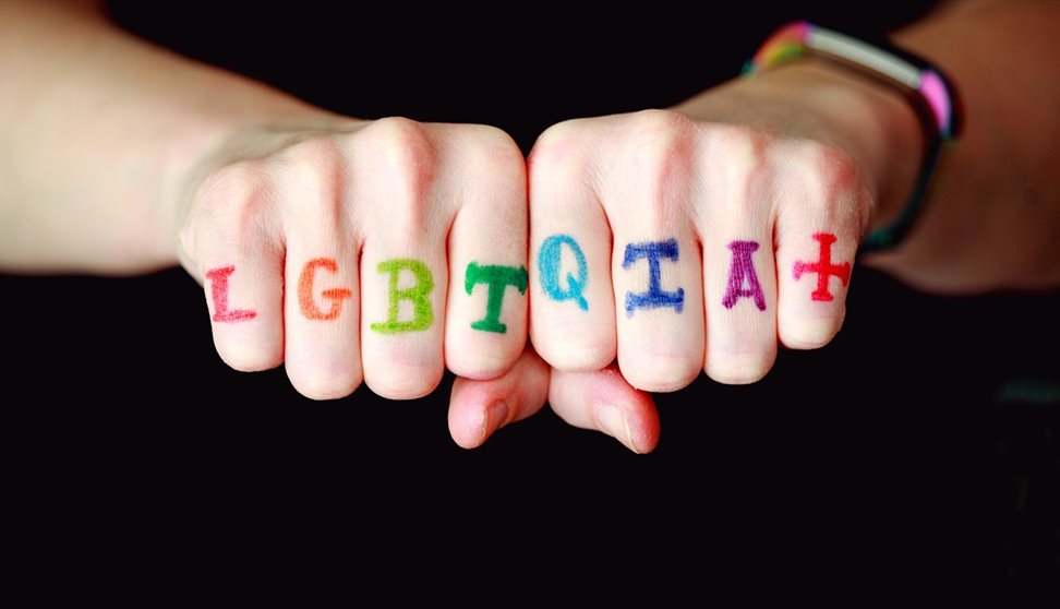 A person displaying their knuckles with LGBTQIA+ written on them in coloured letters