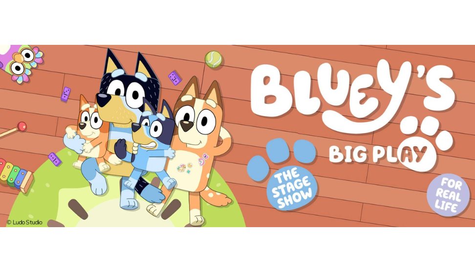 Image of Bluey and friends in the corner laying on the floor looking up with the Bluey title next to them.