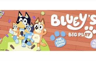 Image of Bluey and friends in the corner laying on the floor looking up with the Bluey title next to them.