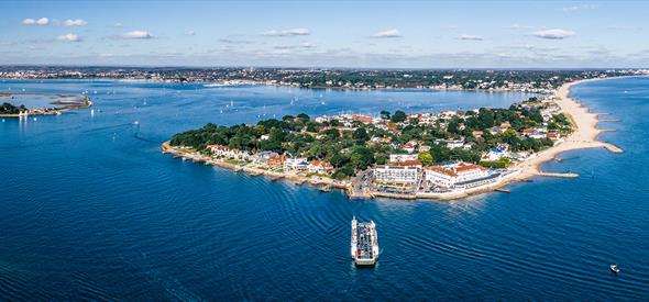 Stunning aerial shot of Sandbanks and its beaches during the height of summer in Poole