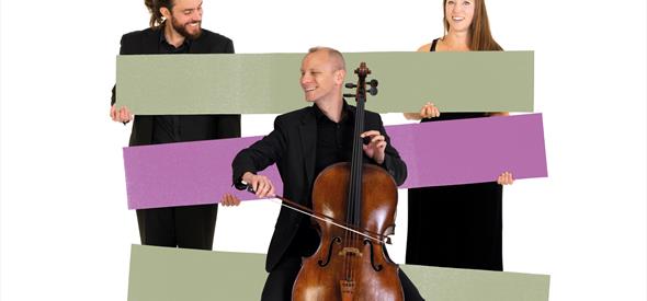 In the foreground a BSO cellist is sat playing, behind him are coloured graphic rectangles, in the background, two other BSO musicians are stood eithe