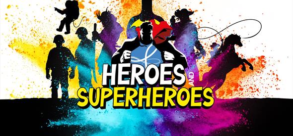 Heroes and Superheroes is written in bold in front of the black silhouettes of famous superheroes.