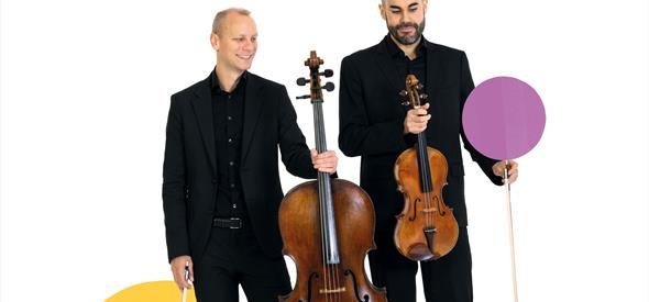 BSO musicians are surrounded by graphic circles, one is holding a cello, the other a viola