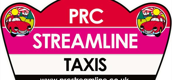 PRC Streamline Taxis logo with two anthropomorphic red cars and the website www.prcstrealine.co.uk