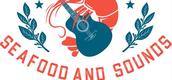 Seafood and Sounds promotional poster red prawn holding a navy guitar on a white background