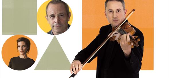 Two BSO musicians and conductor Mark Wigglesworth are pictured inside colourful graphic squares and circles.