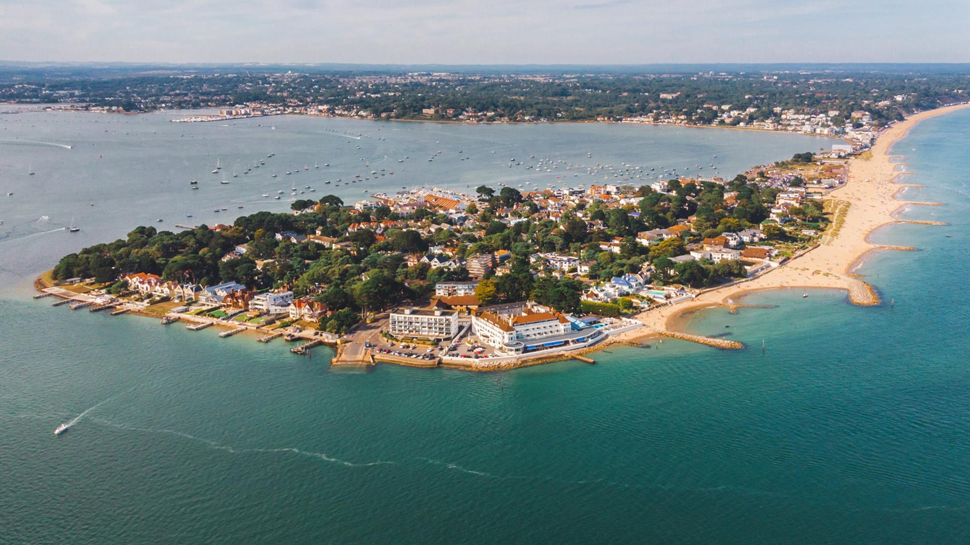Aerial shot of sandbanks and Poole harbour