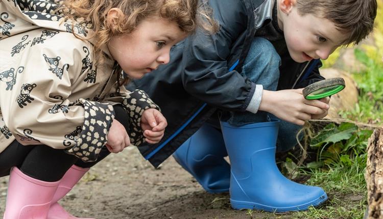 Children exploring nature with a magnifying glass.