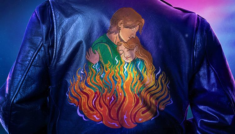 A leather jacket is embroidered with an image of a man and a woman holding each other, above flames.