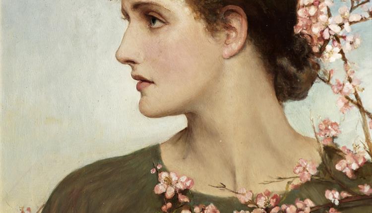 a painting of a lady surrounded by blossom