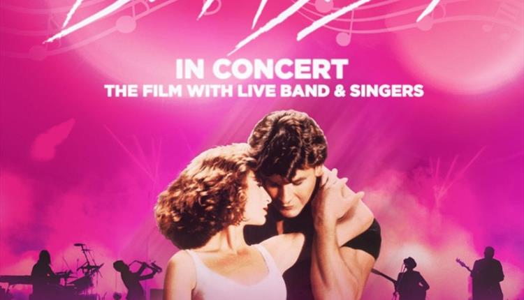 Dirty Dancing main actor and actress embracing against a pink background