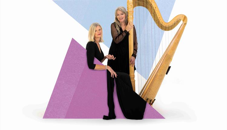 Two musicians are stood behind graphic triangles and to the right of them is a harp.